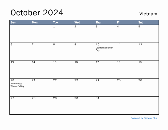 October 2024 Simple Monthly Calendar for Vietnam