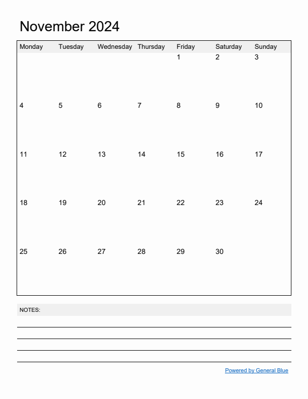 Basic Monthly Calendar Template for November 2024