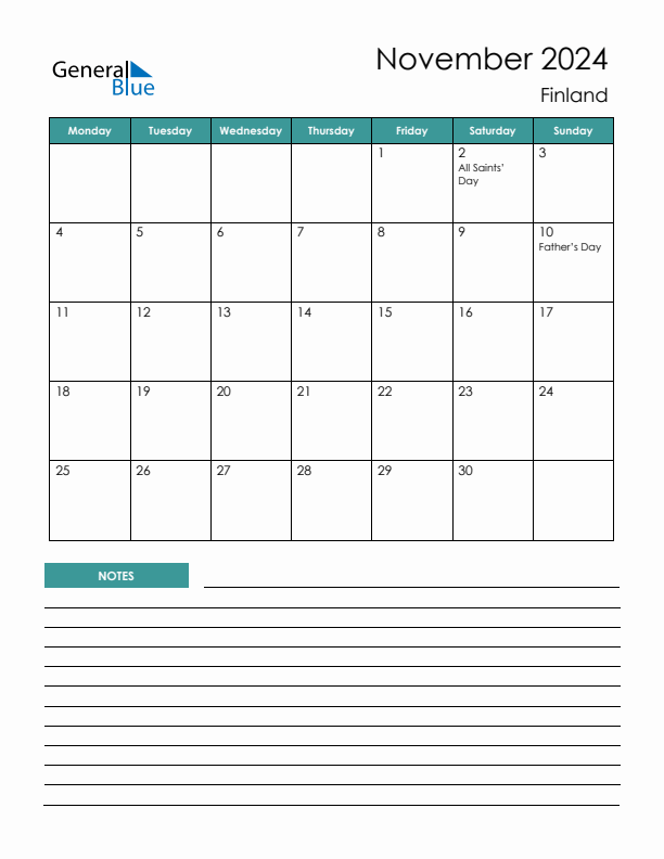 Calendar with Notes Printable - Monday Start