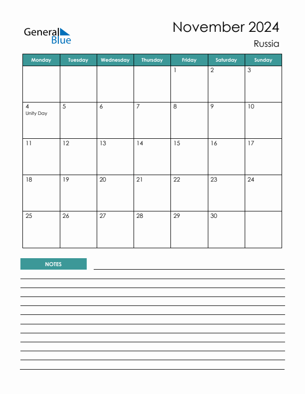 Calendar with Notes Printable - Monday Start