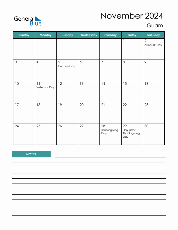 Calendar with Notes Printable - Sunday Start