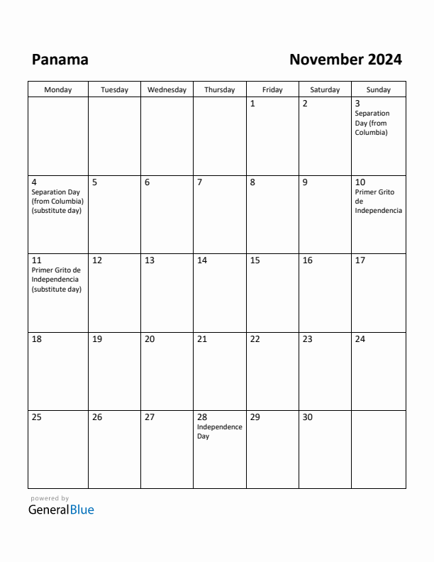 November 2024 Calendar with Panama Holidays