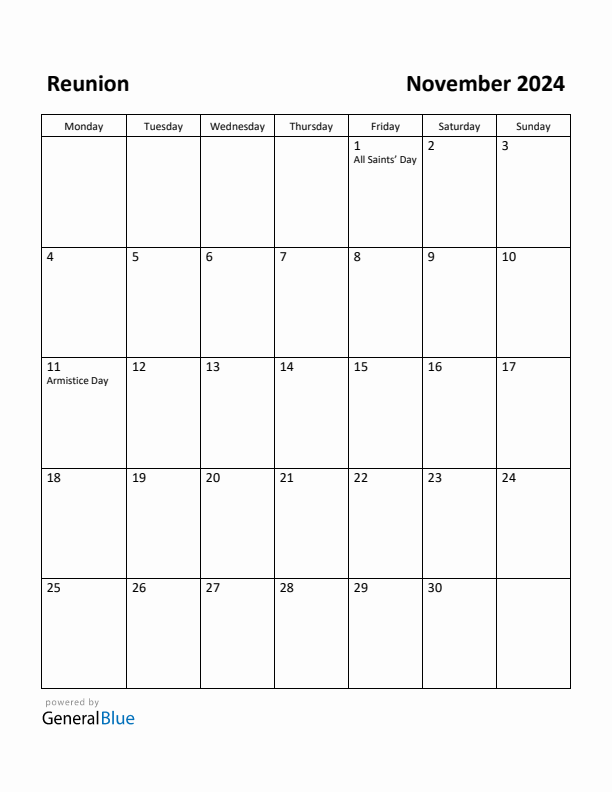 November 2024 Calendar with Reunion Holidays