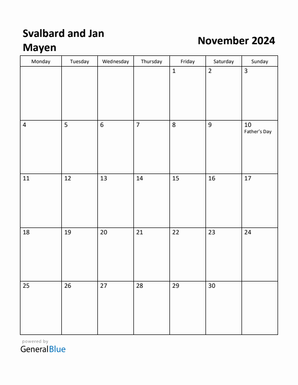 November 2024 Calendar with Svalbard and Jan Mayen Holidays