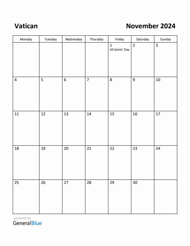 November 2024 Calendar with Vatican Holidays