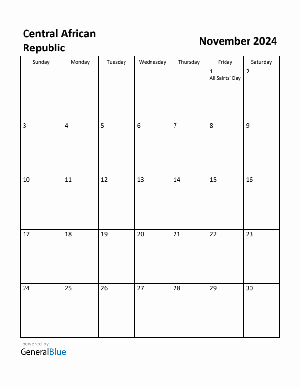 November 2024 Calendar with Central African Republic Holidays