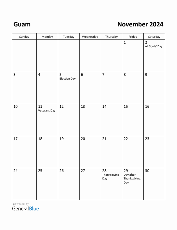 November 2024 Calendar with Guam Holidays