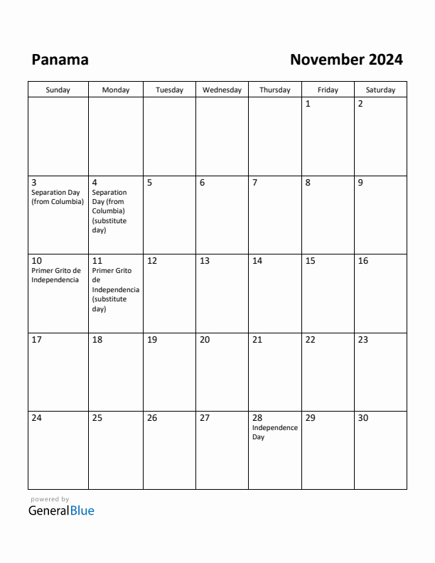 November 2024 Calendar with Panama Holidays