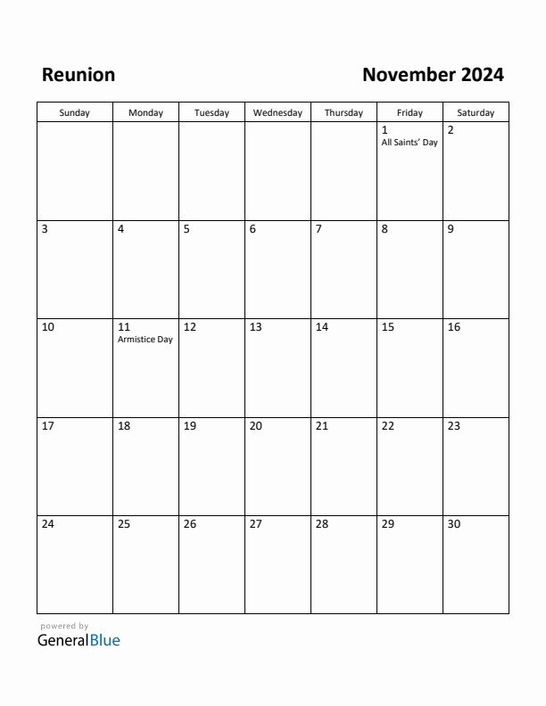 November 2024 Calendar with Reunion Holidays