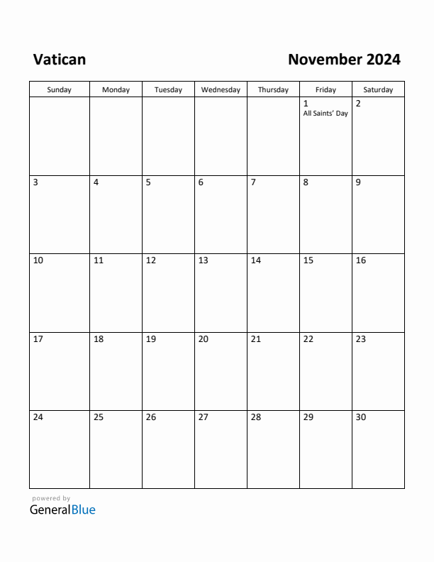 November 2024 Calendar with Vatican Holidays