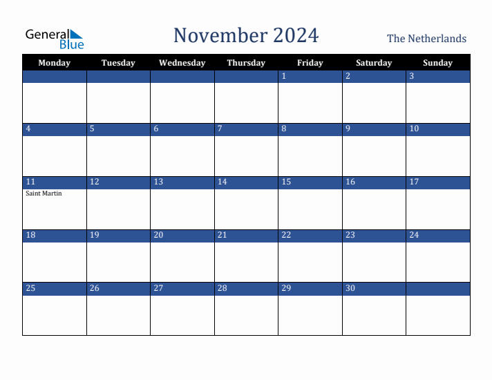 November 2024 The Netherlands Calendar (Monday Start)