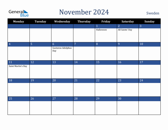 November 2024 Sweden Calendar (Monday Start)