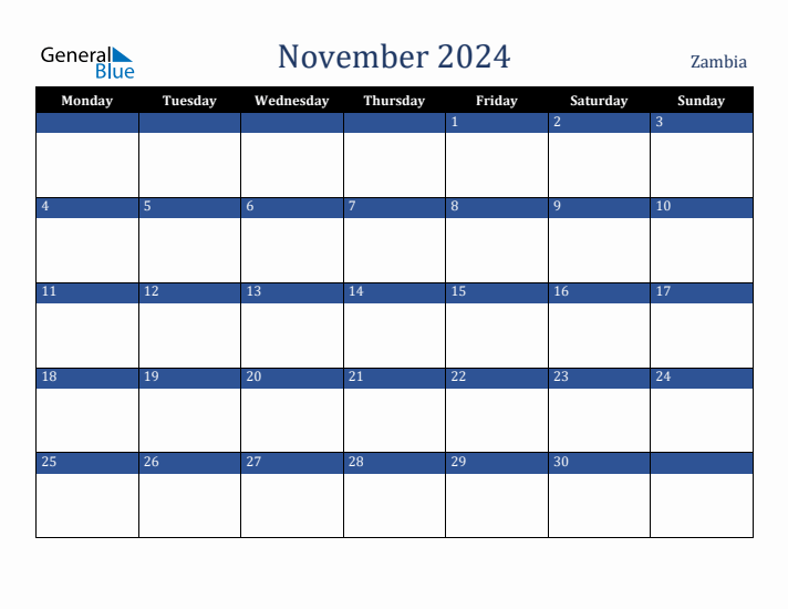 November 2024 Zambia Calendar (Monday Start)