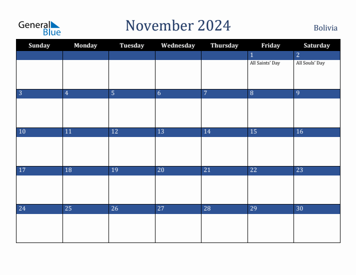 November 2024 Bolivia Calendar (Sunday Start)