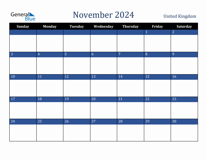 November 2024 United Kingdom Calendar (Sunday Start)