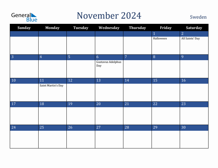 November 2024 Sweden Calendar (Sunday Start)