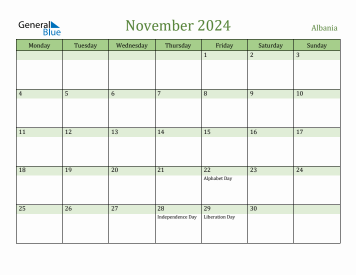 November 2024 Calendar with Albania Holidays