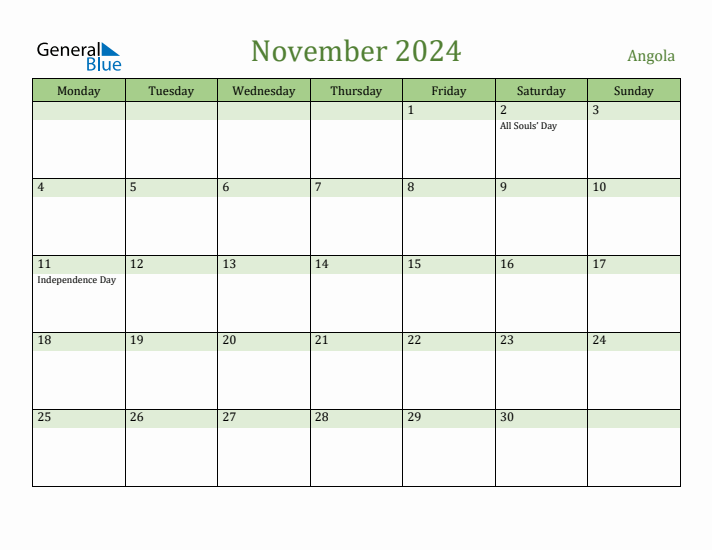 November 2024 Calendar with Angola Holidays