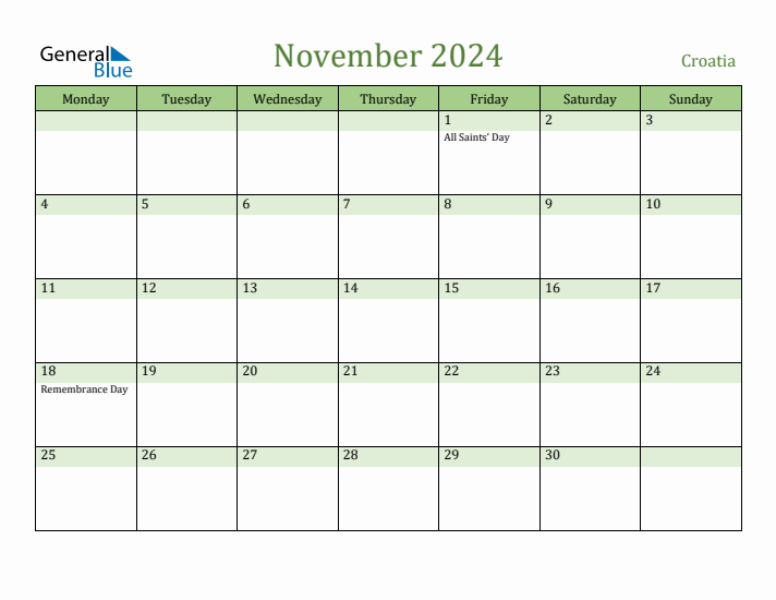 November 2024 Calendar with Croatia Holidays