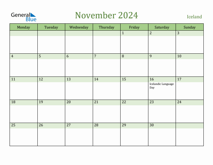 November 2024 Calendar with Iceland Holidays