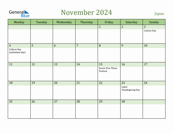 November 2024 Calendar with Japan Holidays