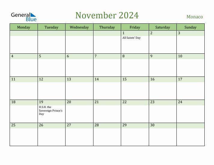 November 2024 Calendar with Monaco Holidays