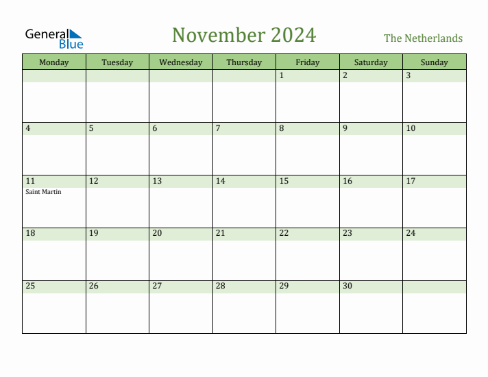 November 2024 Calendar with The Netherlands Holidays