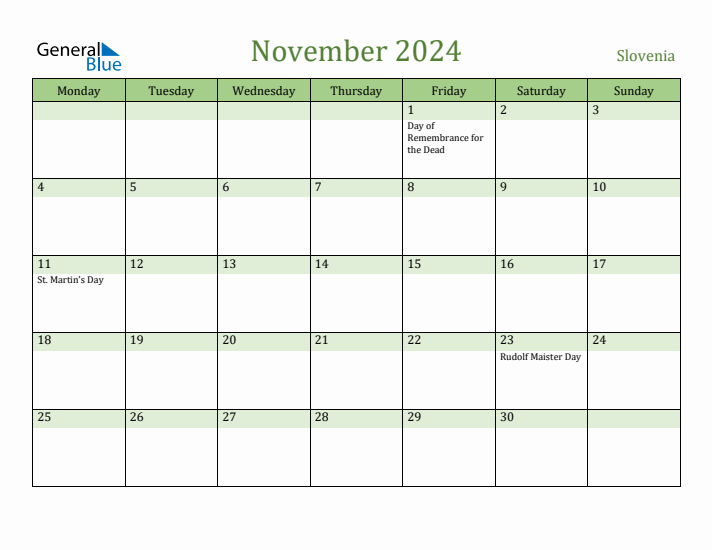 November 2024 Calendar with Slovenia Holidays