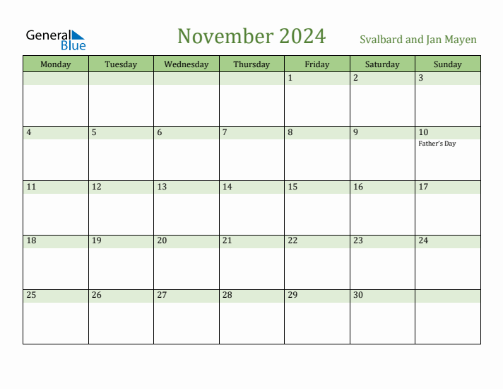 November 2024 Calendar with Svalbard and Jan Mayen Holidays