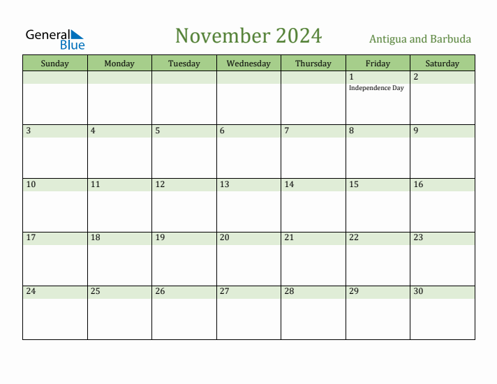 November 2024 Calendar with Antigua and Barbuda Holidays