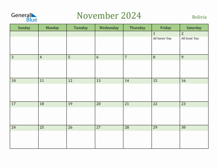 November 2024 Calendar with Bolivia Holidays