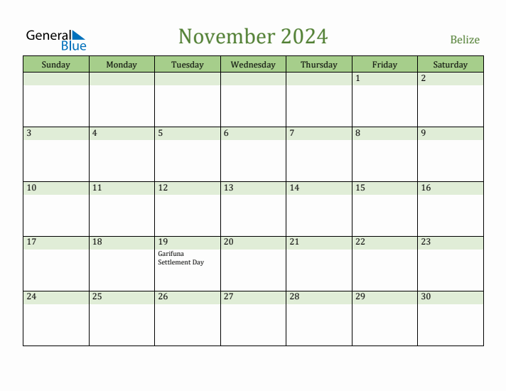 November 2024 Calendar with Belize Holidays