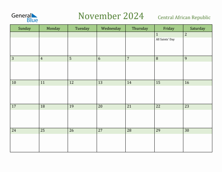 November 2024 Calendar with Central African Republic Holidays