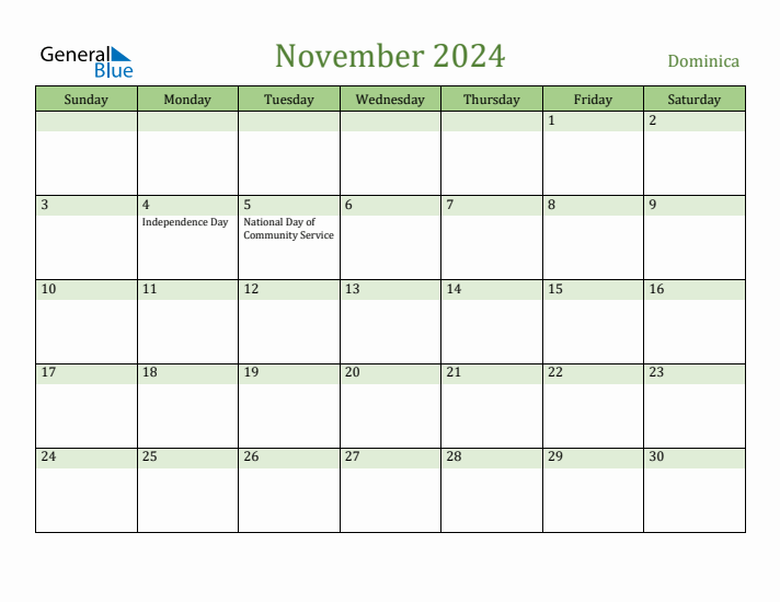 November 2024 Calendar with Dominica Holidays