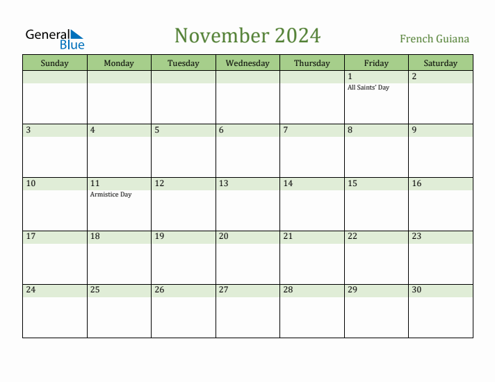 November 2024 Calendar with French Guiana Holidays