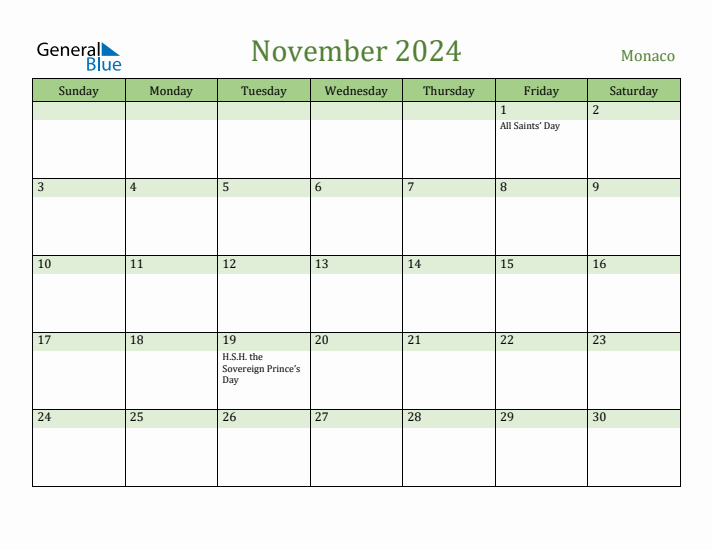 November 2024 Calendar with Monaco Holidays