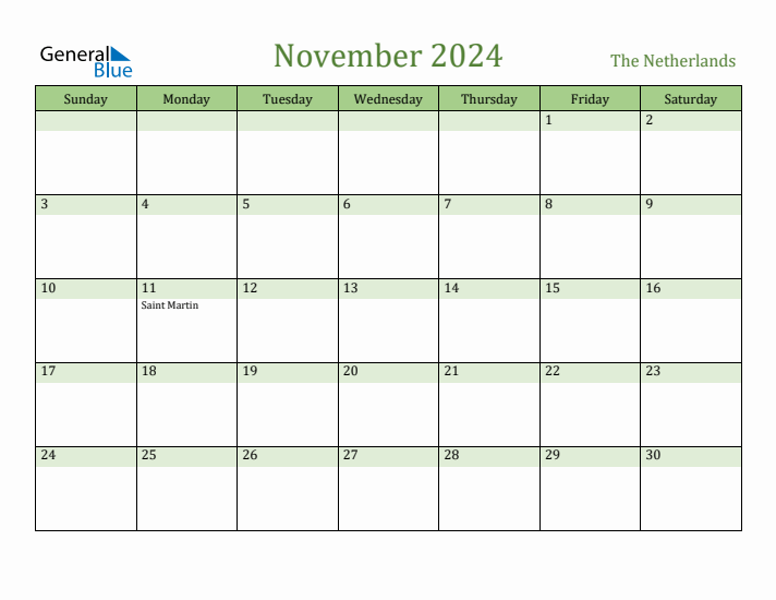 November 2024 Calendar with The Netherlands Holidays