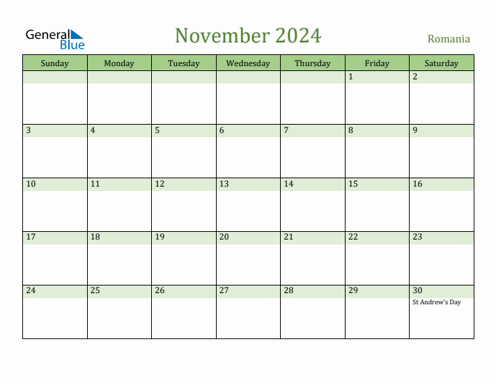 November 2024 Calendar with Romania Holidays