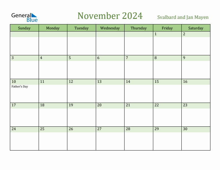 November 2024 Calendar with Svalbard and Jan Mayen Holidays