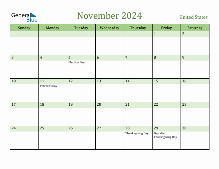 November 2024 Calendar with United States Holidays