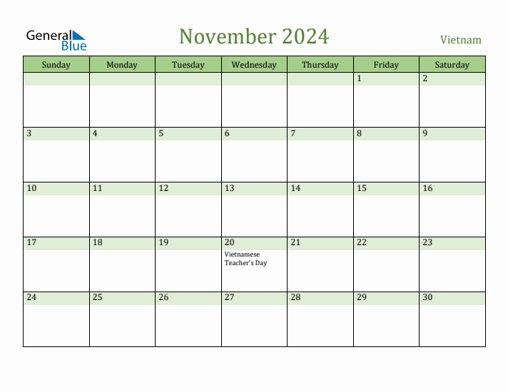 November 2024 Calendar with Vietnam Holidays