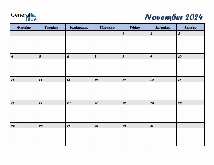 November 2024 Blue Calendar (Monday Start)