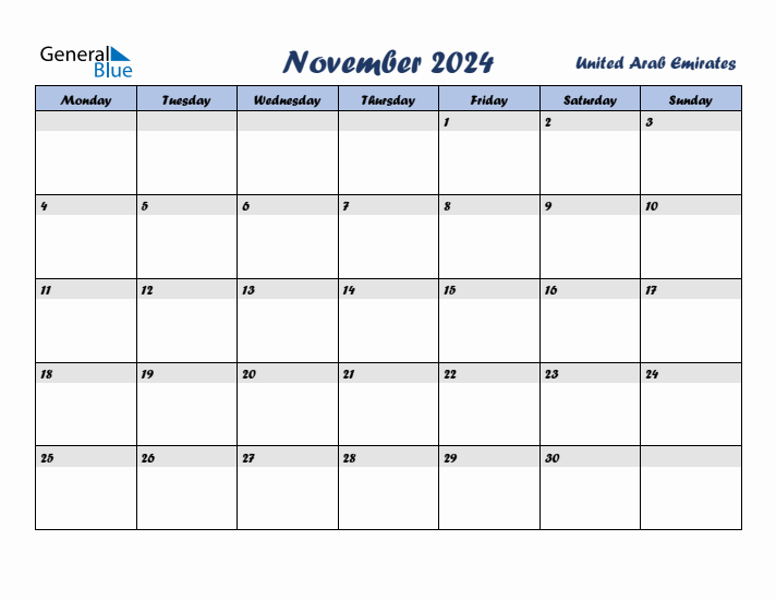 November 2024 Calendar with Holidays in United Arab Emirates