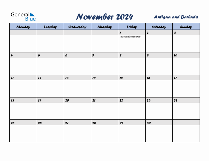 November 2024 Calendar with Holidays in Antigua and Barbuda