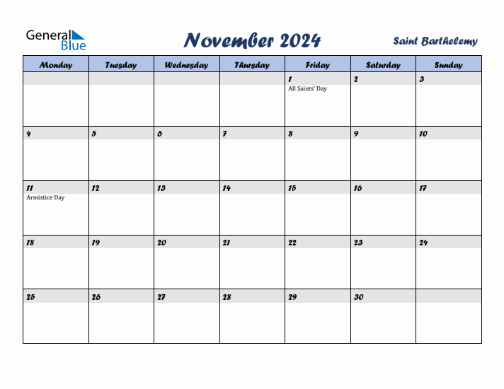 November 2024 Calendar with Holidays in Saint Barthelemy