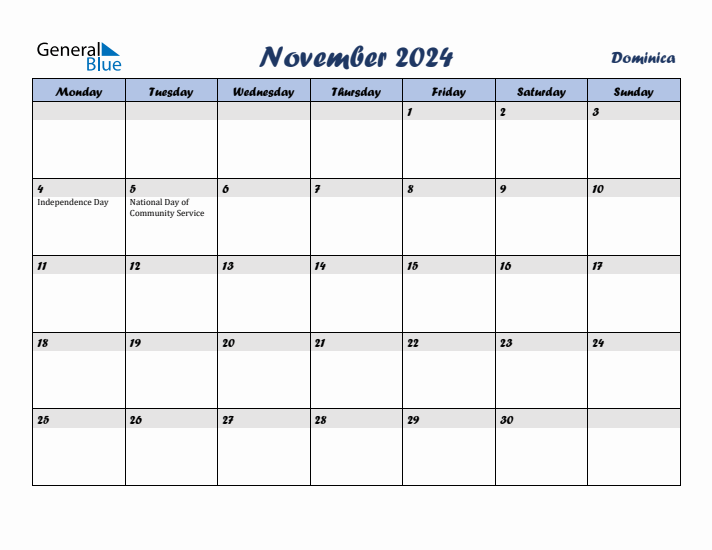 November 2024 Calendar with Holidays in Dominica