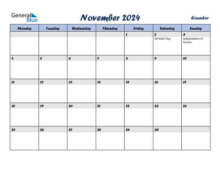 November 2024 Calendar with Holidays in Ecuador