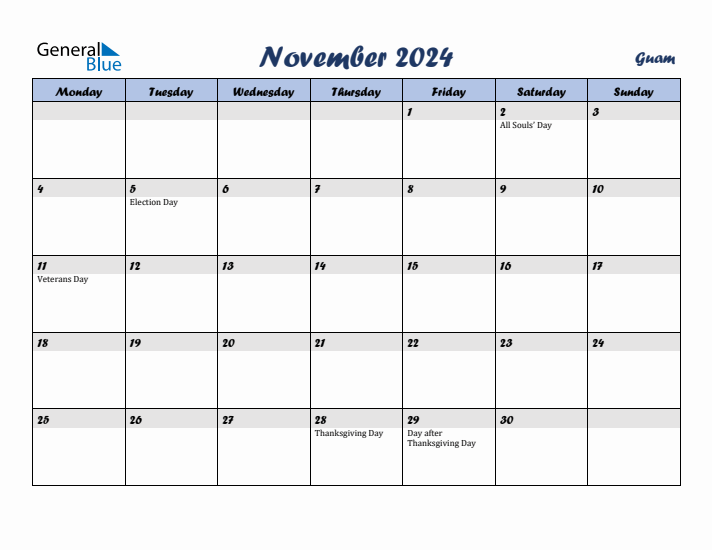 November 2024 Calendar with Holidays in Guam