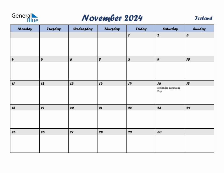 November 2024 Calendar with Holidays in Iceland