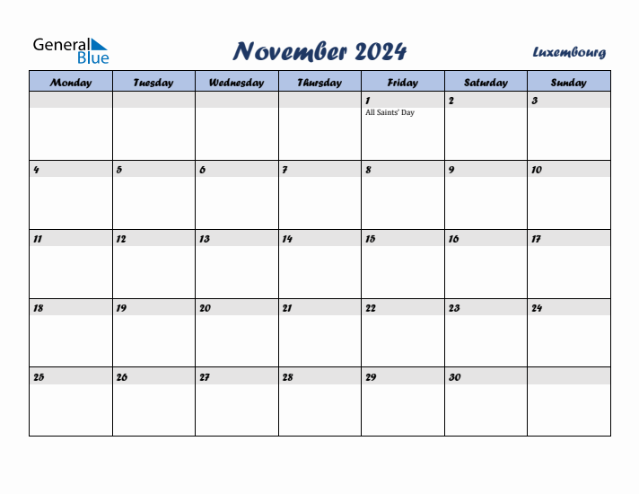 November 2024 Calendar with Holidays in Luxembourg